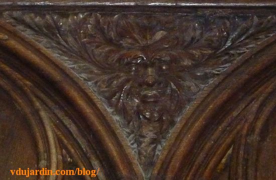 Stalles de la cathédrale de Poitiers, dosseret, tête barbue dans des feuilles