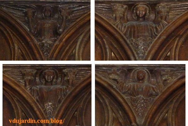 Stalles de la cathédrale de Poitiers, anges du côté nord, écoinçons 13, 15, 17 et 19