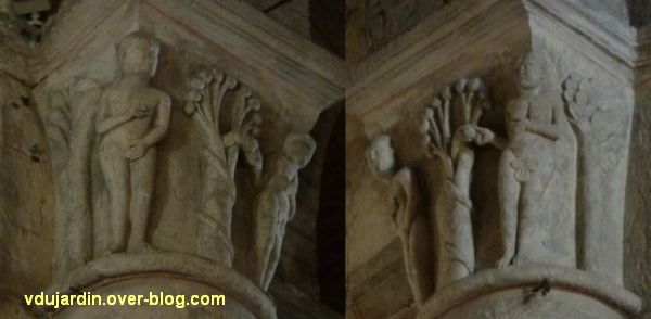 Chauvigny, chapiteaux romans de l'église Notre-Dame, 1, la Tentation d'Adam et Eve, deux détails