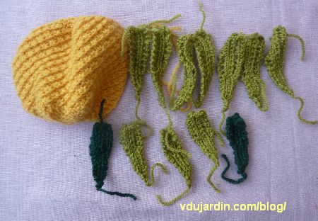 La peau et les feuilles de l'ananas au tricot, avant assemblage