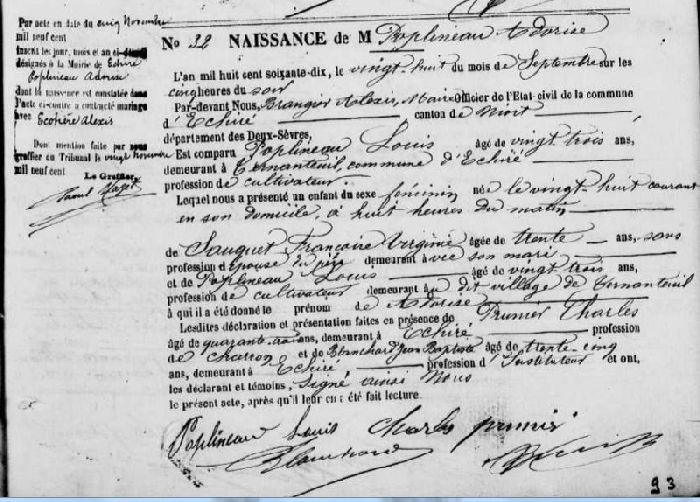 Acte de naissance de Adorise Poplineau, née le 28 septembre 1870 à Echiré