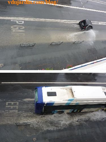Poitiers, bd Pont Achard, orage du 8 août 2014, passage d'un bus et d'une voiture