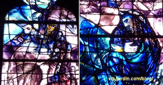 Cathédrale de Metz, vitraux de Marc Chagall, déambulatoire, baie droite, détails de Jérémie et l'exode