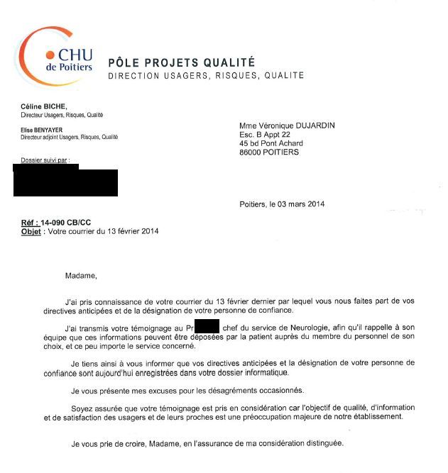Directives anticipées, réponses du CHU de Poitiers en 2014.