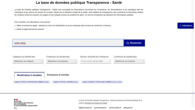 Saisie d'écran de l'interrogation Jonard Catteau dans la base de données Transparence.sante.gouv.fr